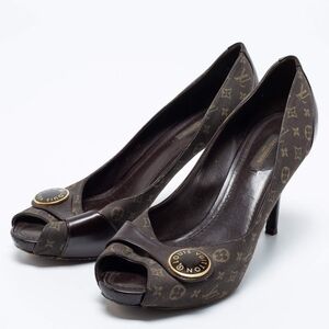 Louis Vuitton Monogram Peep-Toe Logo Button Heels in Brown